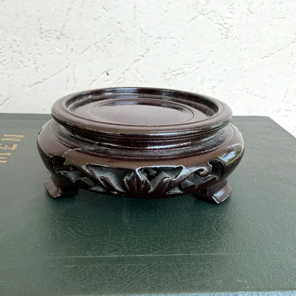 Vintage Carved Wood Display Stand Dark Brown Asian Vase Pedestal Base 2.75 Inch